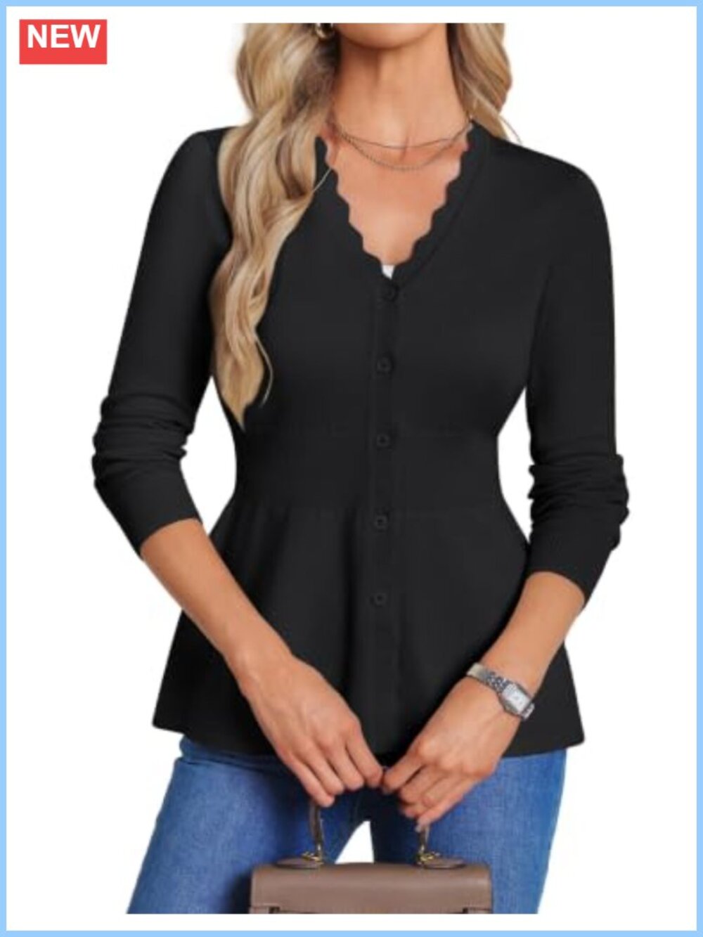 Women's Lightweight V-Neck Scalloped Button Up Peplum Cardigan Sweater